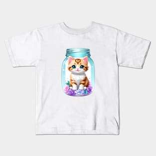 Cute Cat With Flowers Blooming In Mason Jar Kids T-Shirt